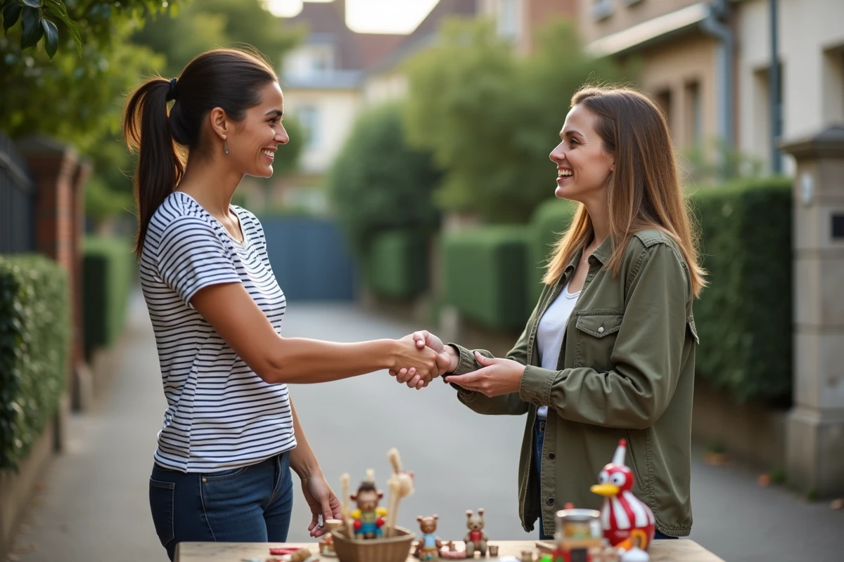 Poignée de main entre une vendeuse et une acheteuse après une négociation réussie dans un vide grenier du 92