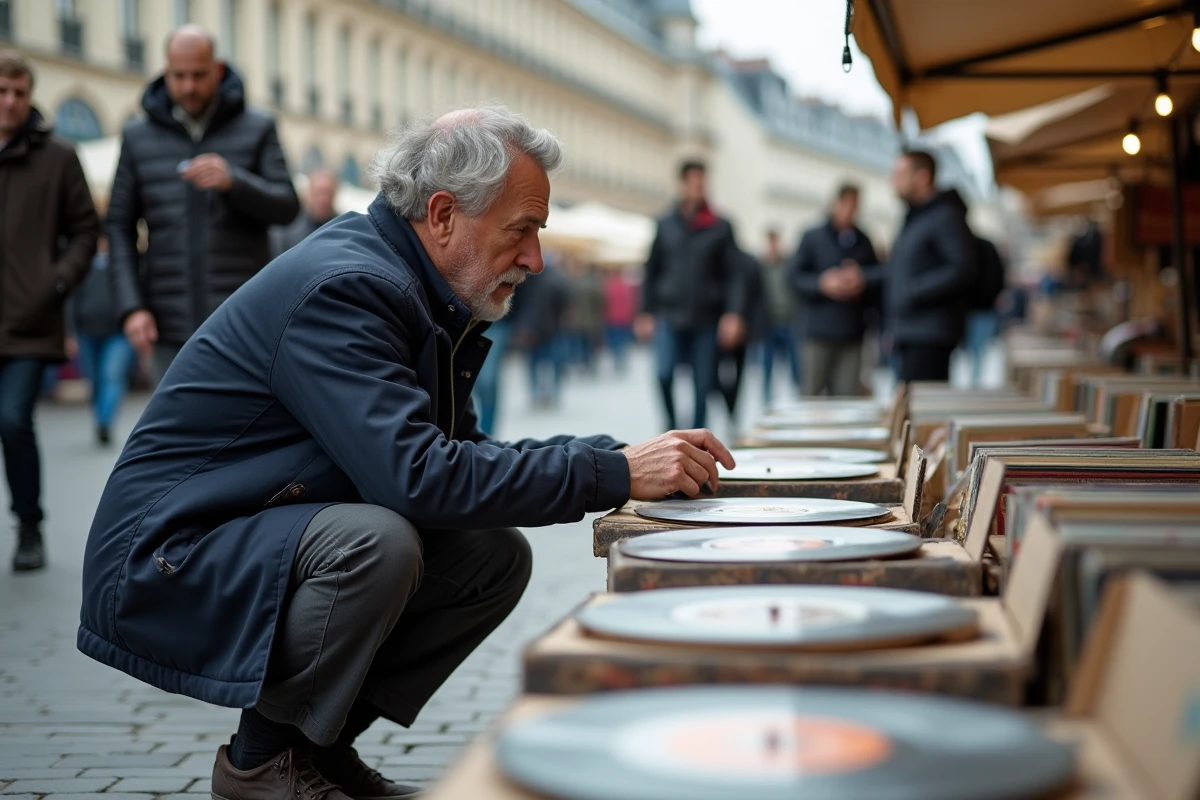 Homme inspectant des vinyles anciens sur un étal de vide grenier dans une ville du 92