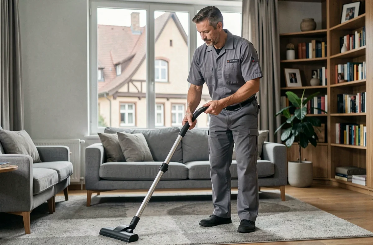 Agent d'entretien passant l'aspirateur dans un salon moderne lors d'un service de ménage à domicile