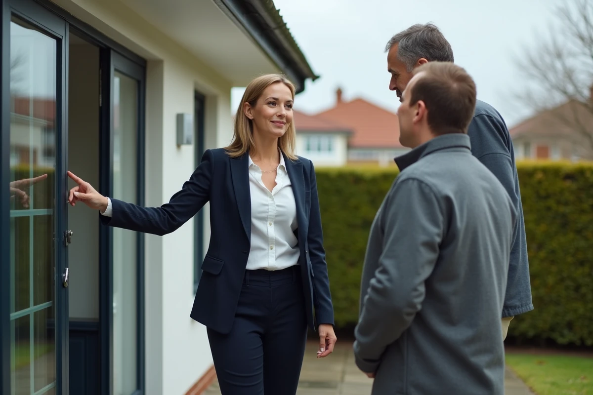 Agent immobilier présentant une véranda de 40m2 à des propriétaires lors d'une estimation de revente