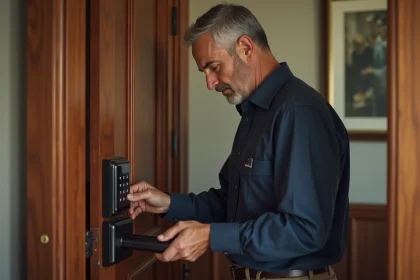 Agent de s&eacute;curit&eacute; installant une serrure &eacute;lectronique sur une porte en bois