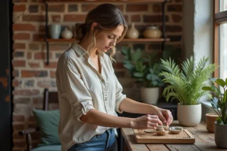 Femme aménageant une petite maison avec des objets de décoration récupérés et un budget limité