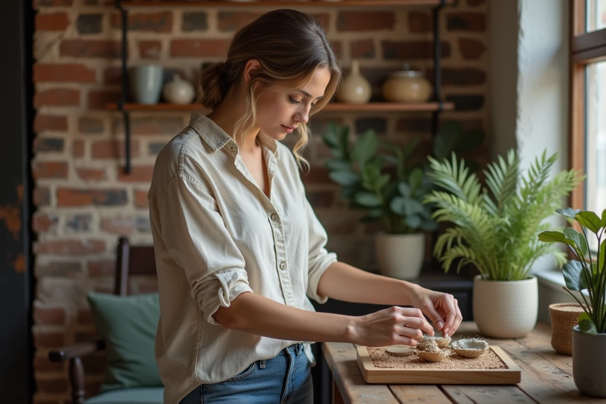 Femme aménageant une petite maison avec des objets de décoration récupérés et un budget limité