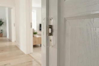 Anti-pince doigt transparent installé discrètement sur la charnière d'une porte intérieure dans un appartement moderne en location