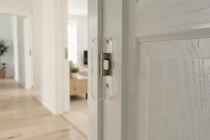 Anti-pince doigt transparent installé discrètement sur la charnière d'une porte intérieure dans un appartement moderne en location