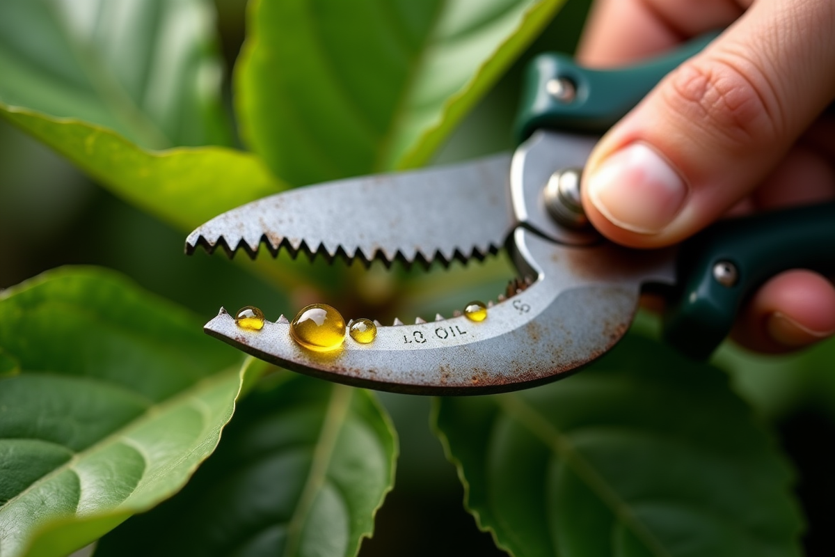 Main appliquant de l huile de camellia sur un sécateur dans un jardin vert