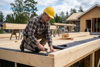 Architecte inspectant le toit en bois en extérieur