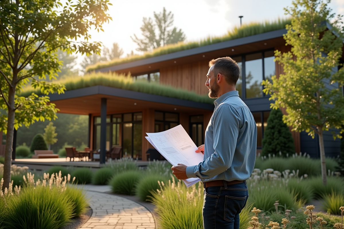 Architecte avec plans devant maison durable et toit vert