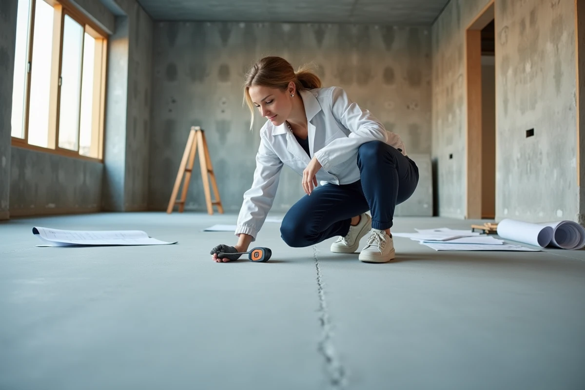 Architecte mesurant l'épaisseur d'une chape sur plancher chauffant dans un chantier résidentiel