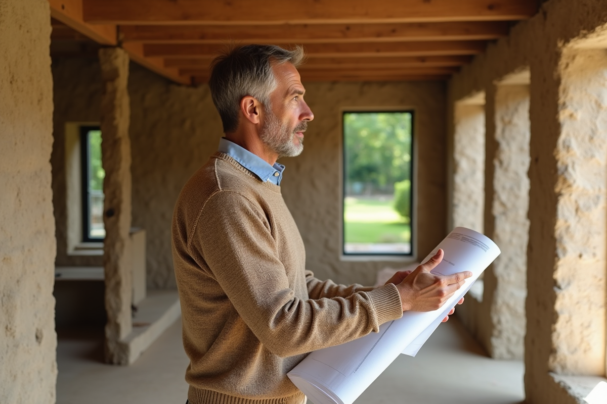 Architecte inspectant un mur en terre crue dans une maison écologique