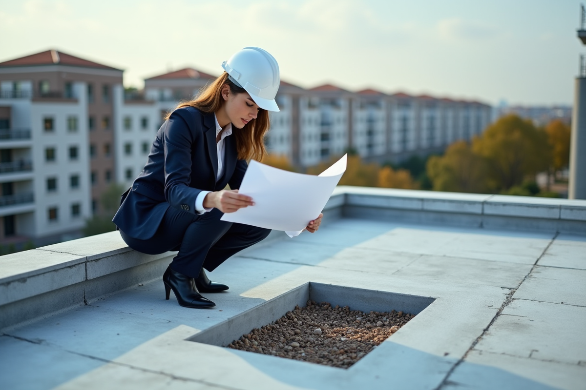 Architecte femme examinant des plans sur une terrasse de toit