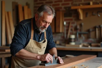Artisan menuisier rabotant une planche en bois exotique teck dans un atelier traditionnel avec outils et essences de bois variées