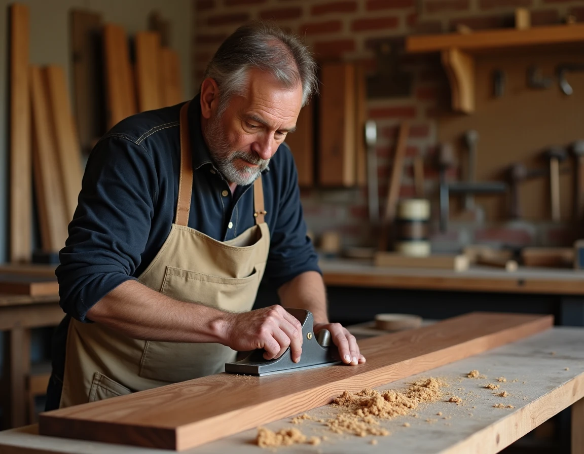 Artisan menuisier rabotant une planche en bois exotique teck dans un atelier traditionnel avec outils et essences de bois variées
