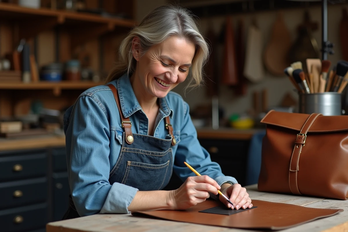 Femme appliquant de la peinture sur un sac en cuir dans un atelier