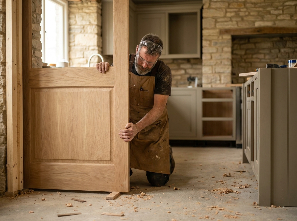 Artisan posant une porte battante en chêne massif dans une cuisine de maison de campagne rénovée