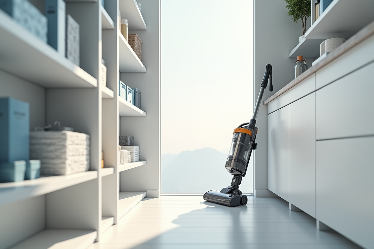 Aspirateur moderne rangé dans un placard blanc organisé