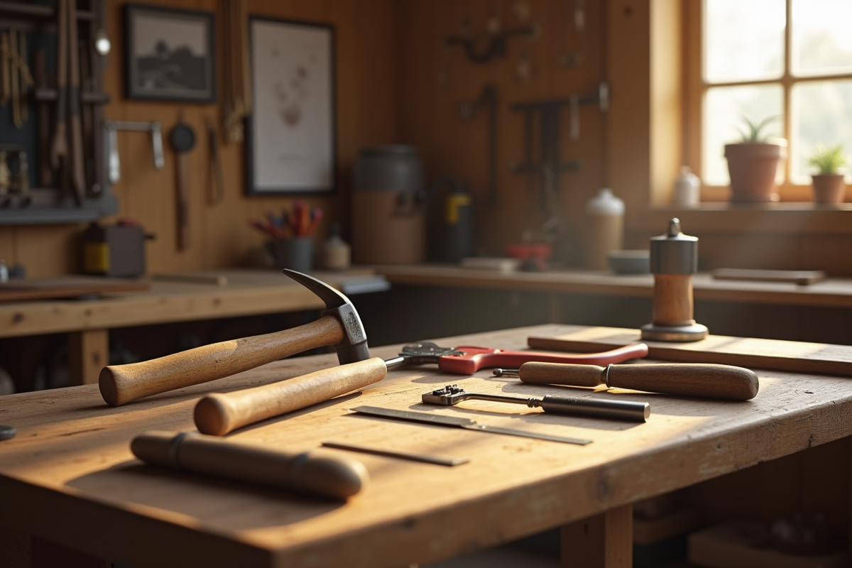 Plan d'un établi en bois avec outils essentiels lumineux