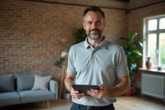 Auditeur énergétique professionnel tenant une tablette avec les résultats d'un diagnostic de performance énergétique dans un salon résidentiel