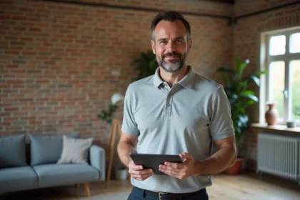 Auditeur énergétique professionnel tenant une tablette avec les résultats d'un diagnostic de performance énergétique dans un salon résidentiel