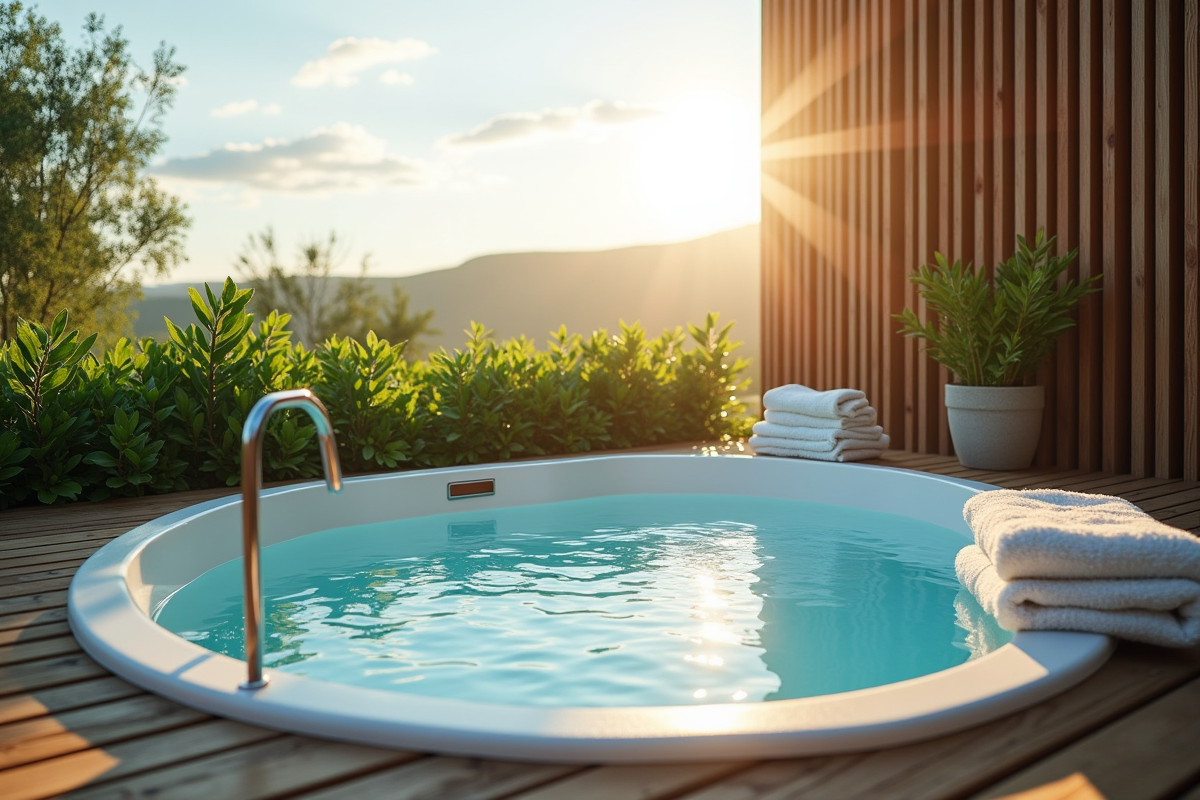 Bain extérieur luxueux avec vue sur la nature et soleil