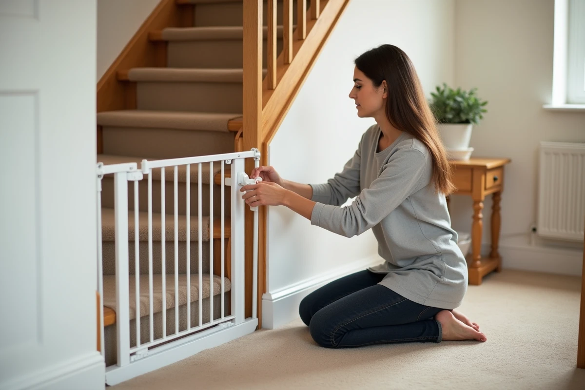 Maman installant une barrière de sécurité blanche en bas d'un escalier en bois pour protéger ses jeunes enfants