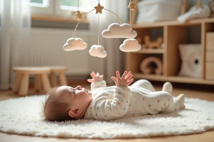 Bebe fille paisiblement allong&eacute;e dans une nurserie Montessori