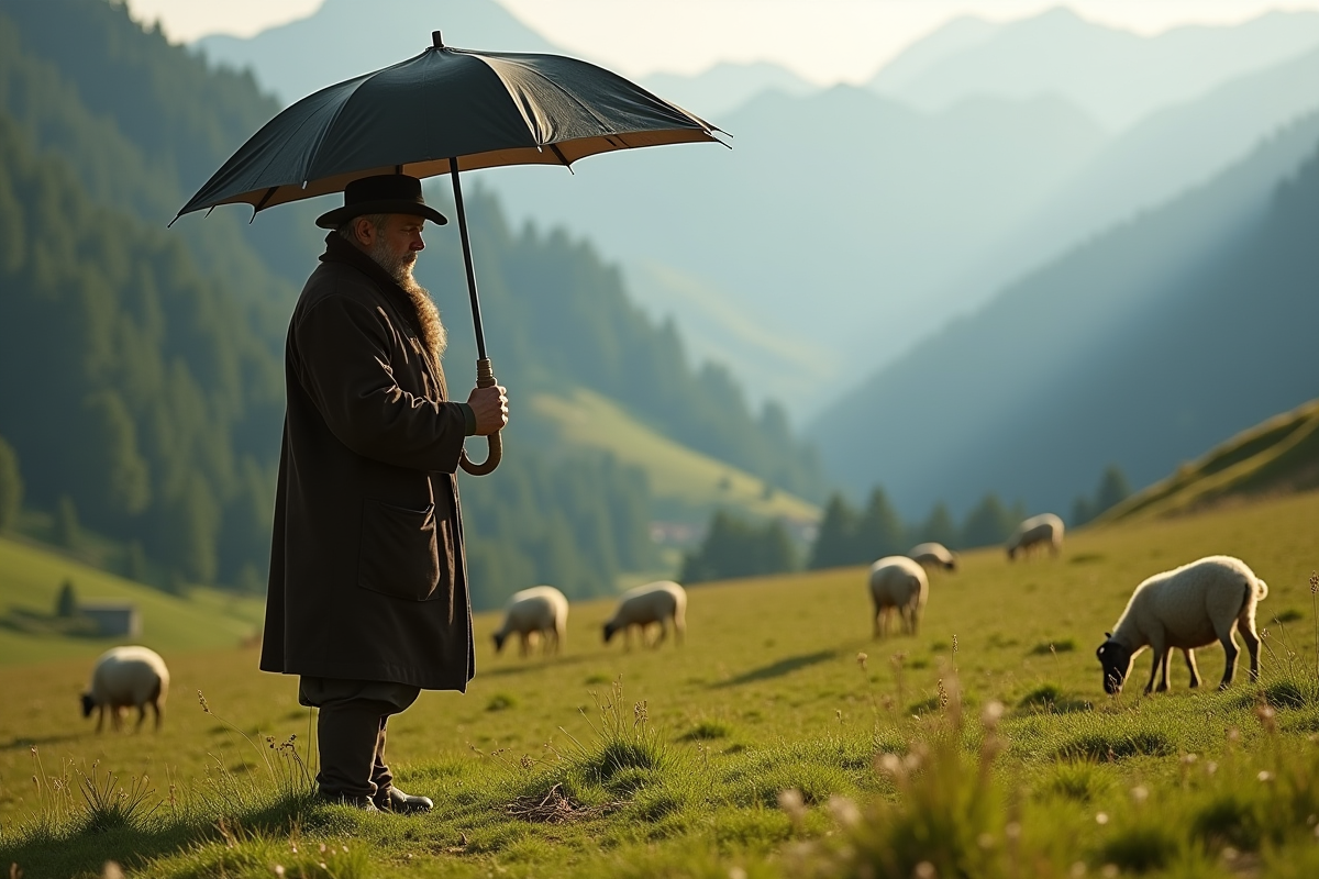 Berger français dans la prairie verte avec parapluie traditionnel