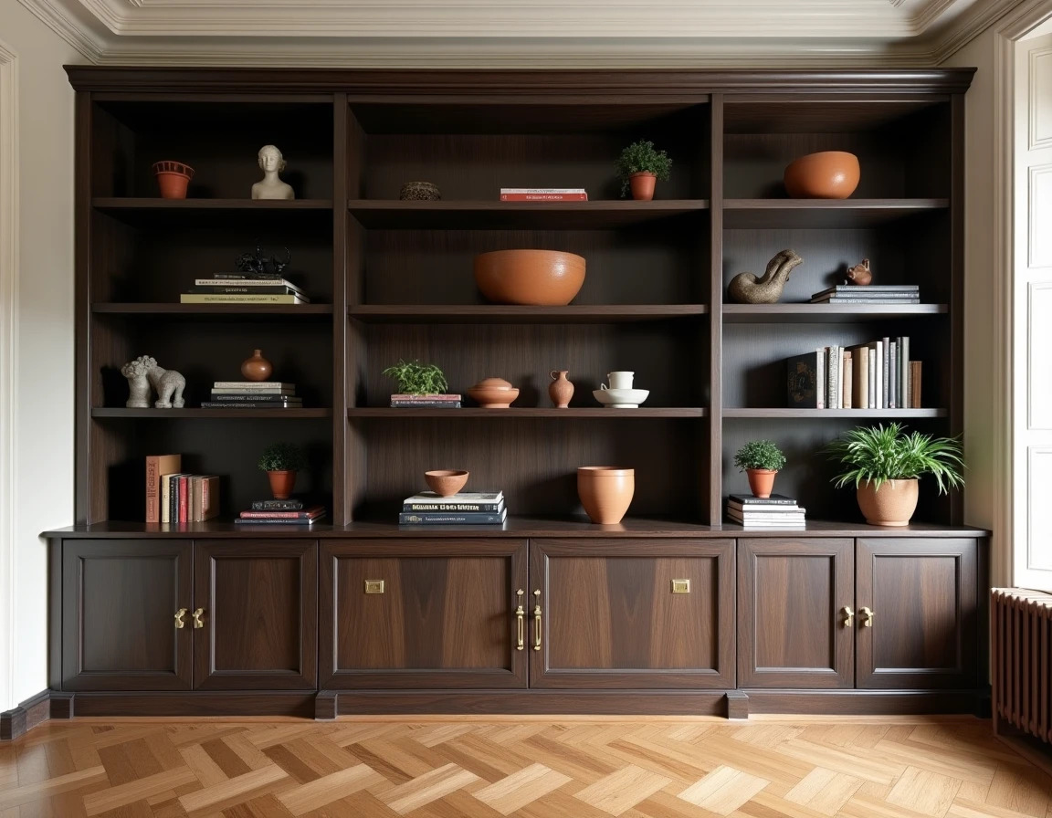 Bibliothèque sur mesure en bois exotique wengé couvrant un mur entier dans un appartement parisien avec parquet en chêne