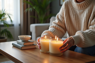 Femme arrangeant des bougies parfumees dans un salon chaleureux