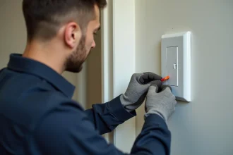 Électricien en train de brancher un bouton poussoir Legrand sur une plaque murale blanche dans un intérieur résidentiel
