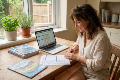 Femme consultant son budget estival entre achat de piscine hors sol et projet de vacances, à la table de sa cuisine