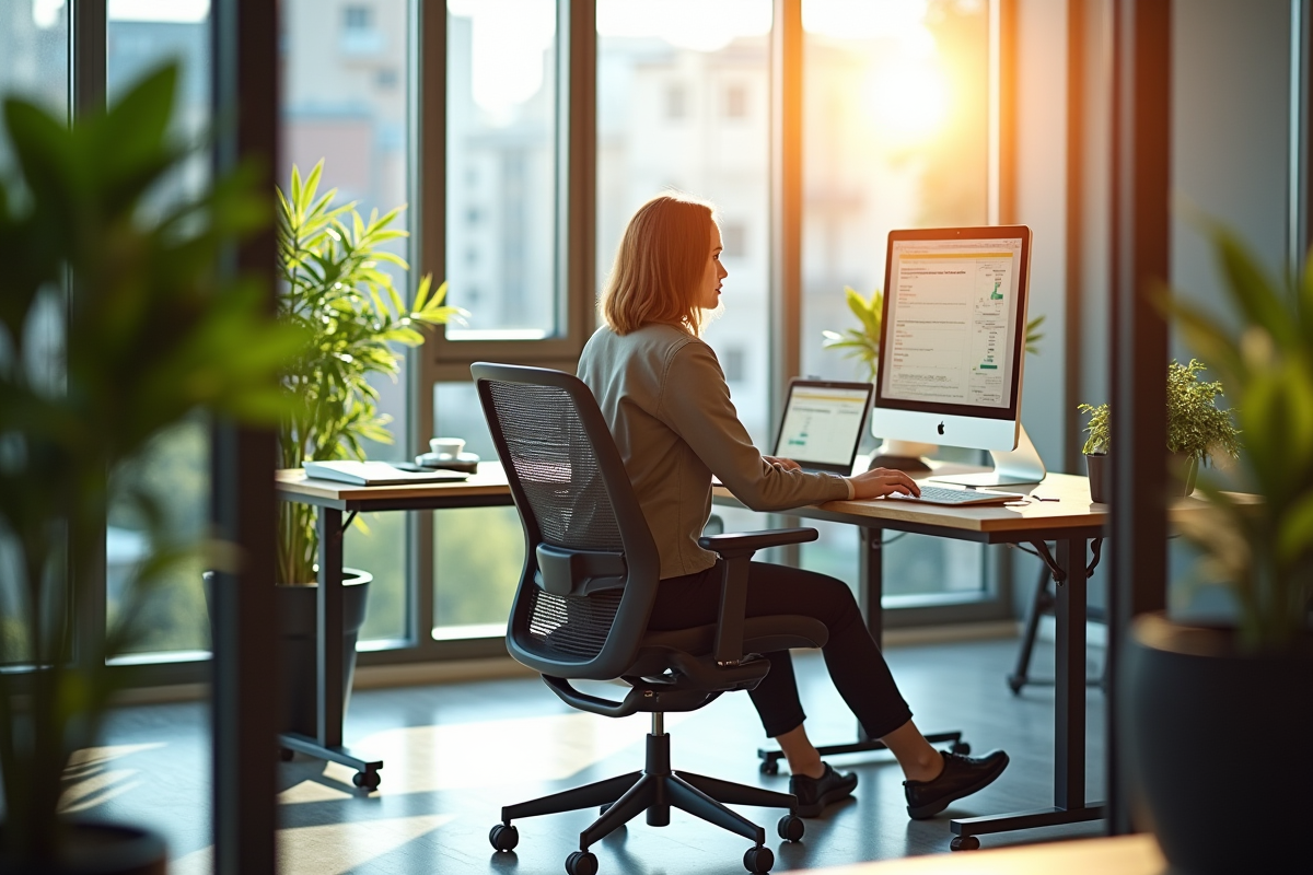 Espace de travail professionnel lumineux avec personne en chaise ergonomique