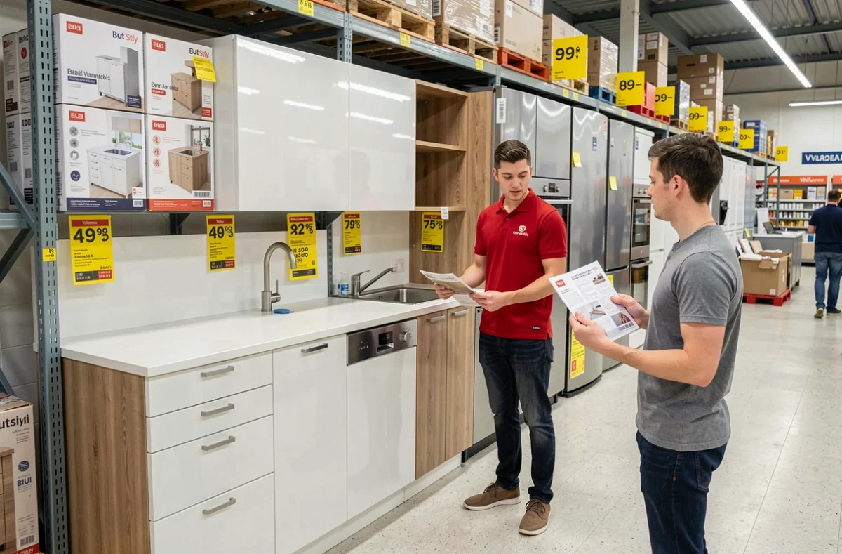 Rayon cuisines équipées But Valence avec un vendeur en polo rouge présentant une cuisine modulaire blanche à un client