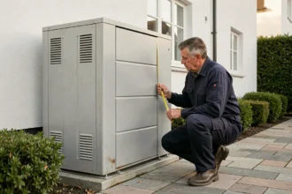 Caisson anti-bruit installé autour d'une pompe à chaleur extérieure dans un jardin résidentiel, inspecté par un technicien