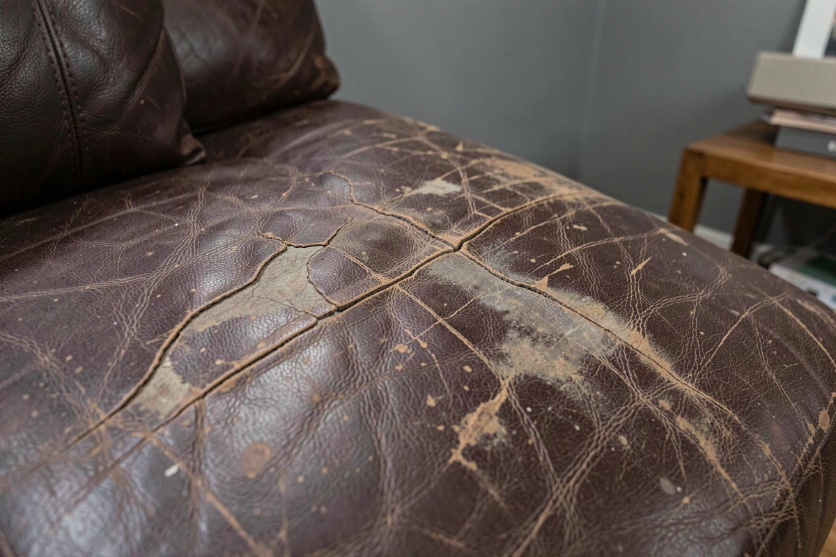 Canapé en cuir endommagé avec fissures et décoloration causées par de mauvais produits nettoyants