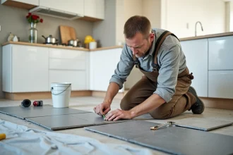 Carreleur pose grands carreaux gris dans une cuisine lumineuse
