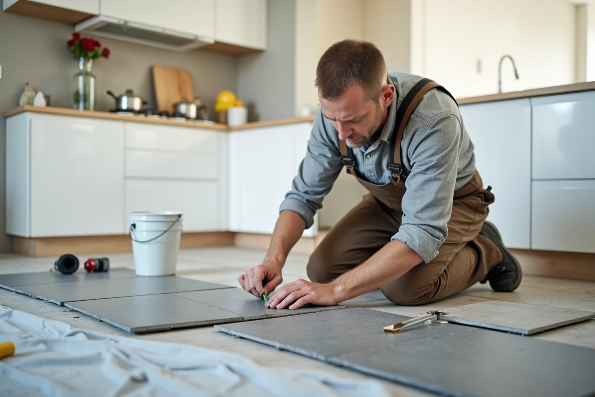 Carreleur pose grands carreaux gris dans une cuisine lumineuse