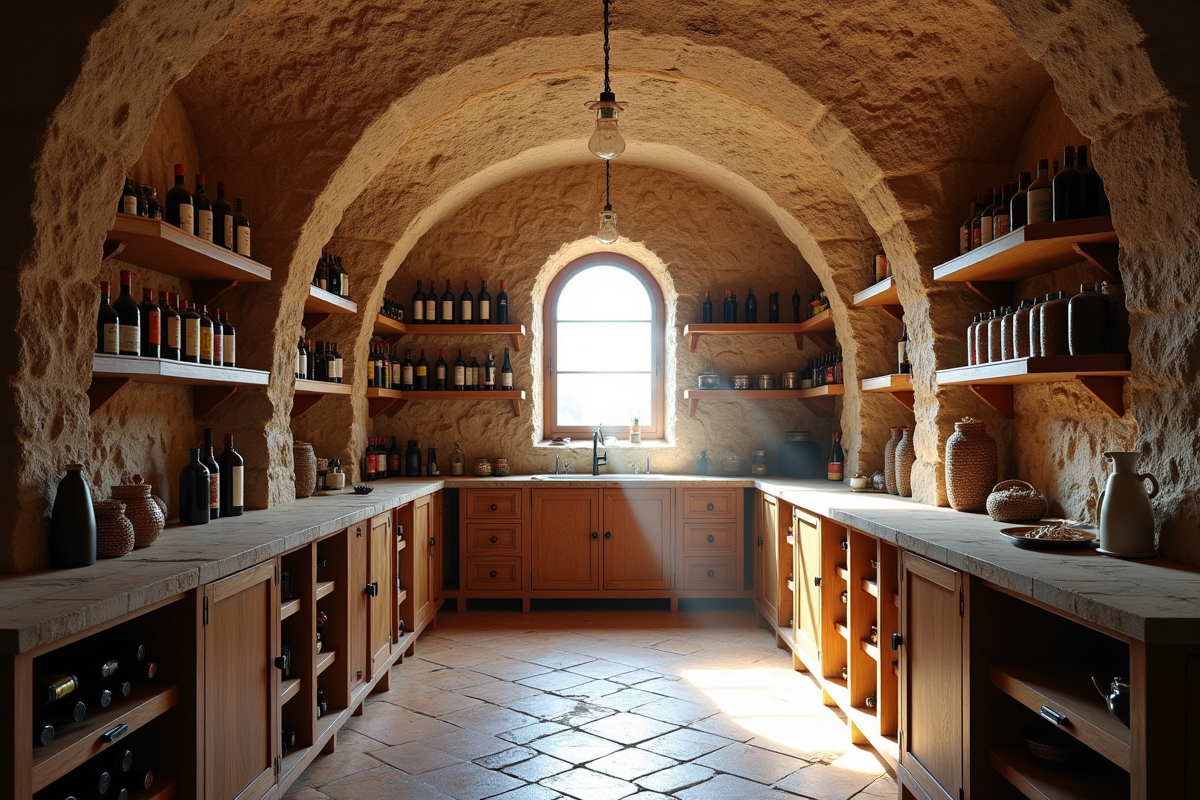 Cave de vin bien organisée avec bouteilles et bocaux