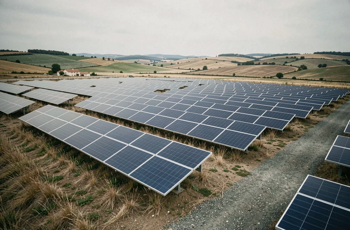 Grande centrale solaire photovoltaïque au sol dans un paysage agricole du sud de la France