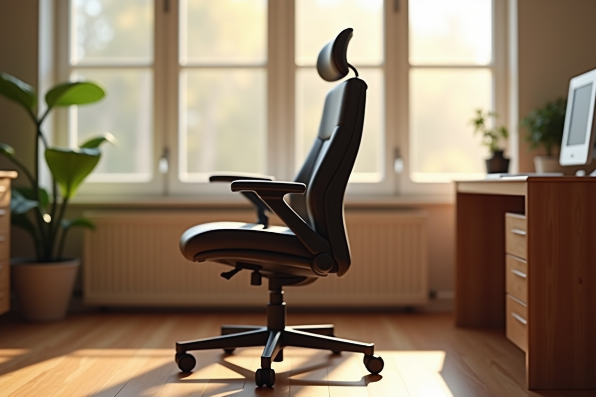 Chaise ergonomique vide dans un bureau cosy avec lumière douce