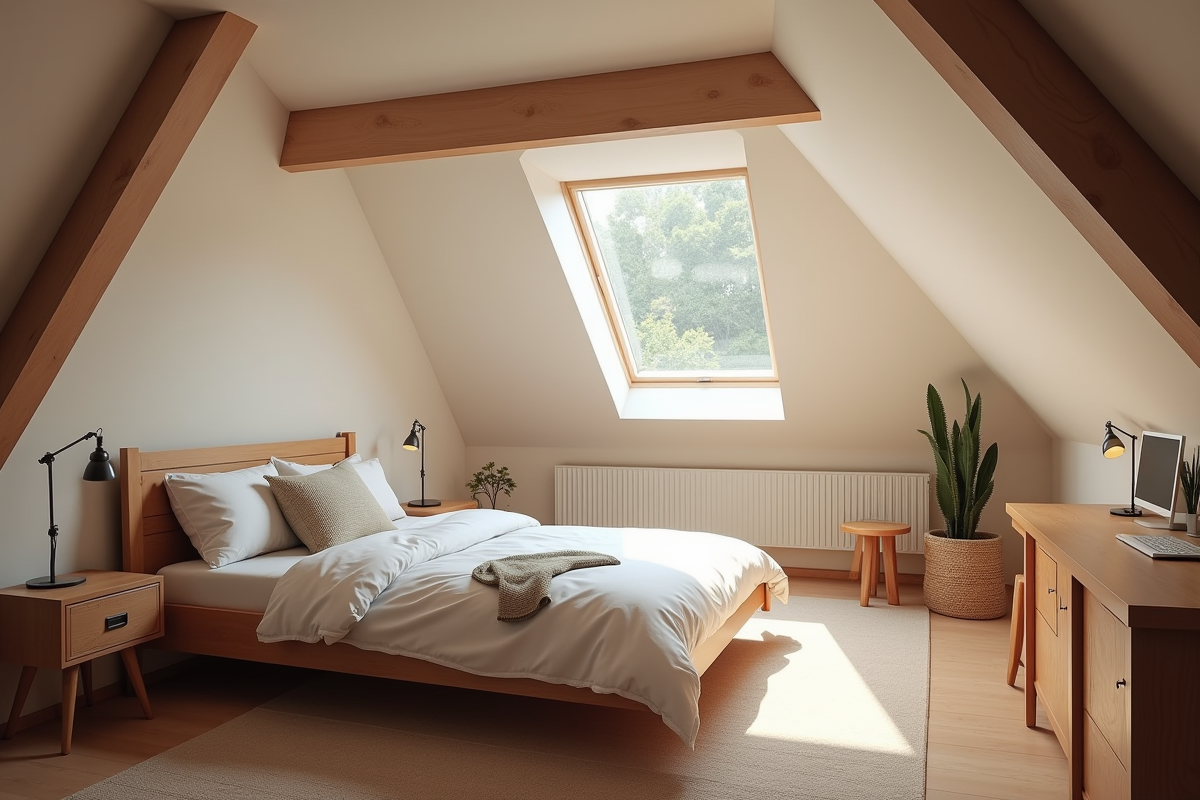 Chambre sous pente avec lucarne et mobilier cosy