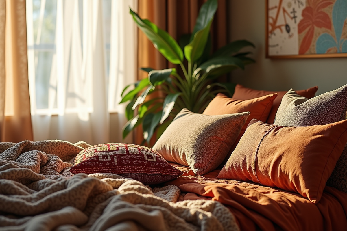 Chambre boheme avec lit désordonné et coussins aux motifs