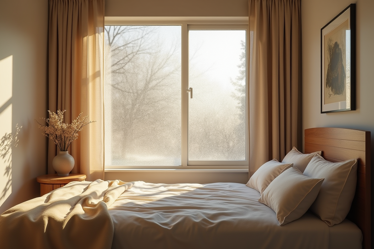 Chambre minimaliste avec fenêtre recouverte d