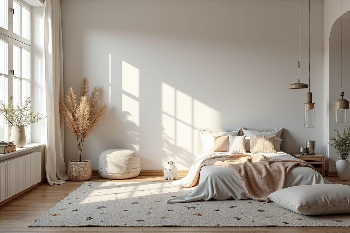 Chambre scandinave avec tapis à motifs et décoration minimaliste