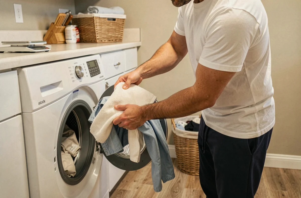 Homme chargeant une machine à laver en répartissant correctement le linge pour un essorage optimal