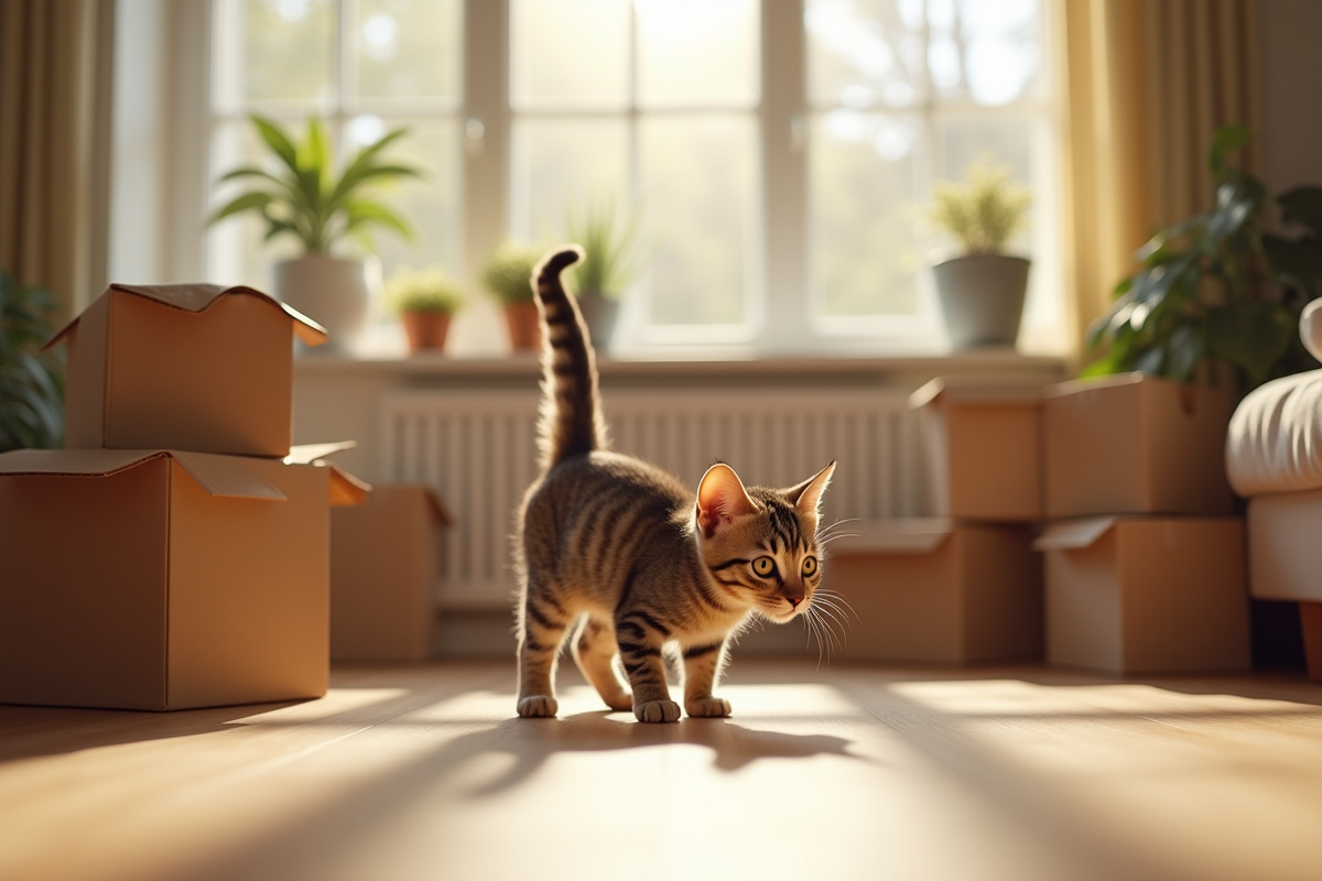 Jeune chat tigré explore une nouvelle maison lumineuse