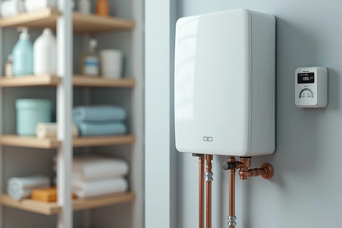 Chauffe-eau électrique instantané installé dans une buanderie avec compteur d'énergie visible
