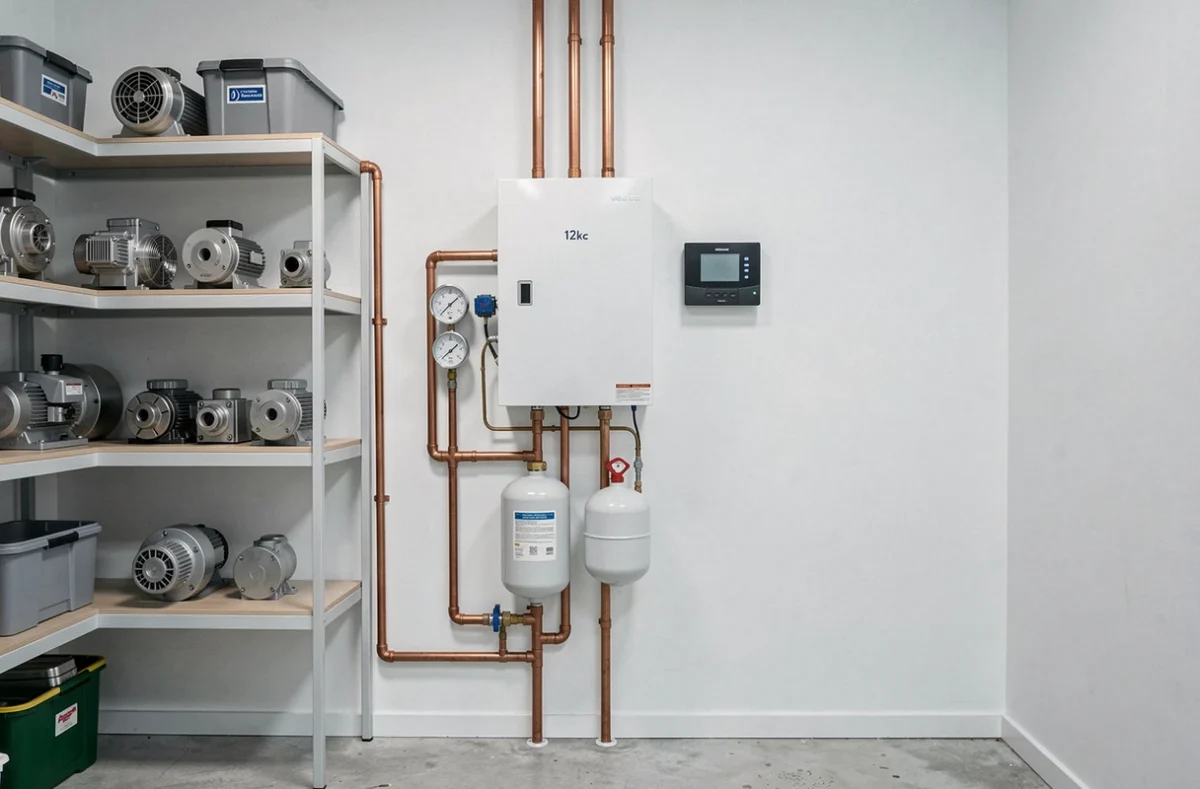 Chaufferie intérieure avec circuit hydraulique relié à une pompe à chaleur air-eau 12 kW