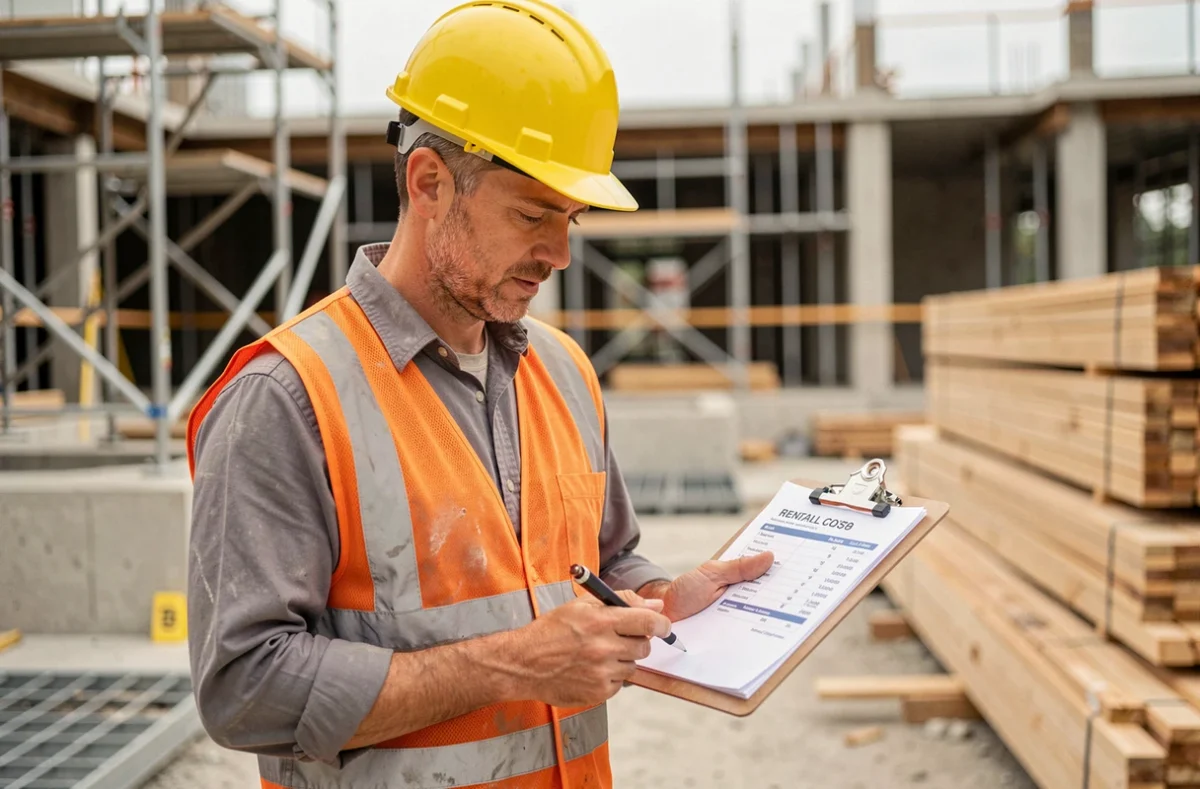 Chef de chantier analysant un devis de location de matériel sur un chantier de construction urbain