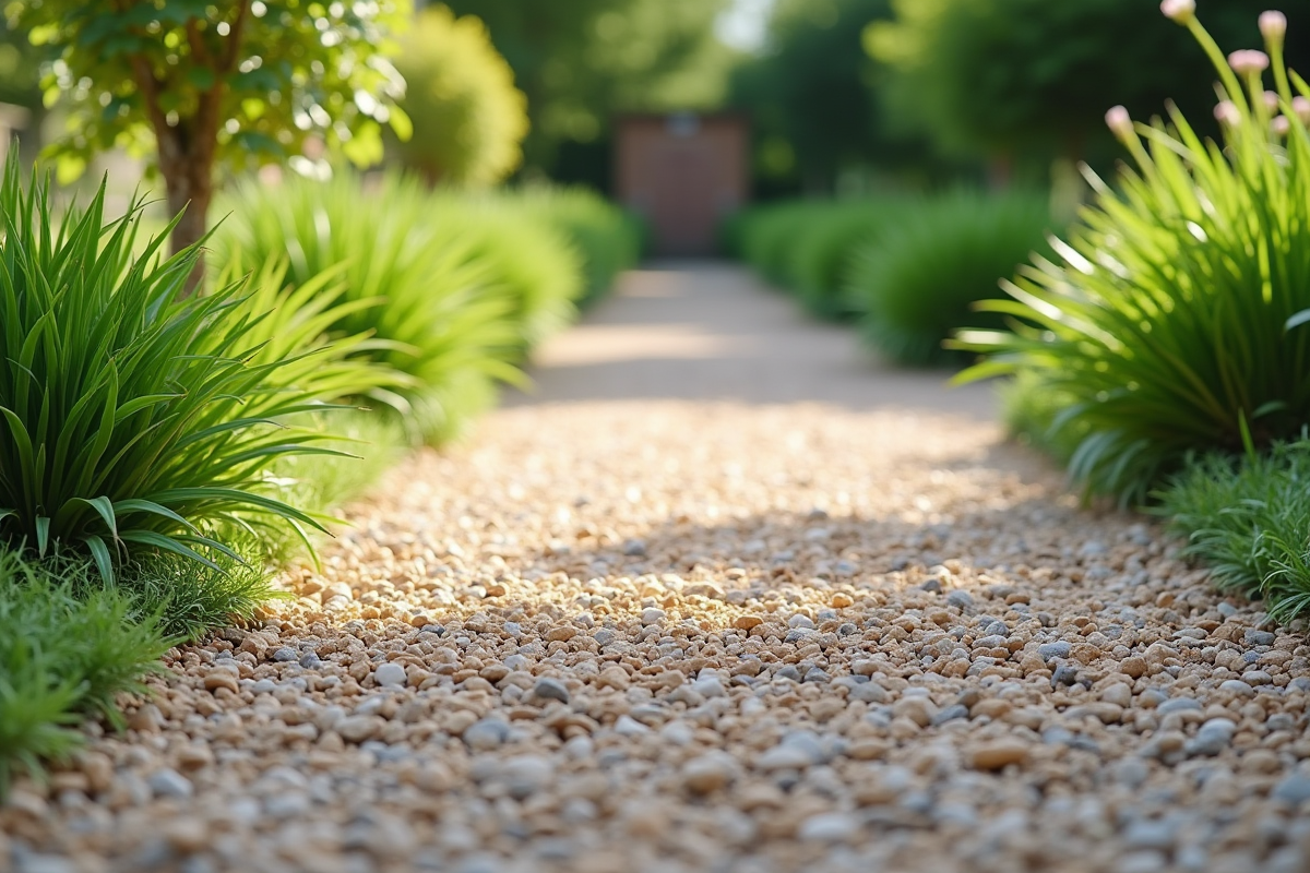 Chemin en gravier dans un jardin avec toile pare-feu visible